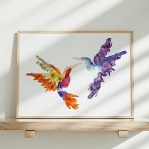 Colibrí besándose. Arte de flores prensadas. Regalo para el 40 aniversario de bodas.