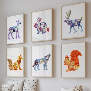 Set di 6 stampe per la cameretta dei bambini, animali della foresta, set da parete per galleria, arte da parete Cottagecore, arte da parete per la cameretta dei bambini