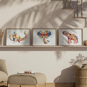 Set di stampe artistiche con elefanti da safari - Decorazione da parete in stile boho floreale con animali selvatici, 3 pezzi, per stanze a tema giungla