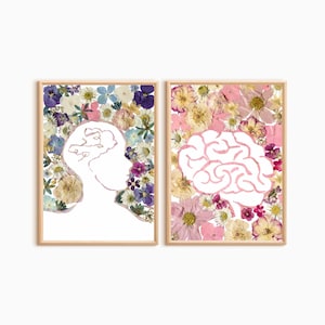 Set of 2 Brain Wall Art Set – Floral Brain and Neurons Print, Mental Health Art for Psychiatrists & Psychologists, Pink Office Decor