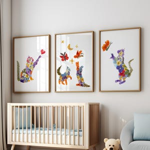 Digital Cat Wall Art Set of 3 – Botanical Animal Prints for Home Office Decor | Printable Cat Art Download