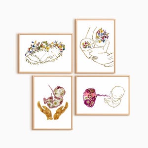Conjunto de 4 impresiones del viaje de la vida del nacimiento, regalo de partera y doula, colección de arte del embarazo al recién nacido