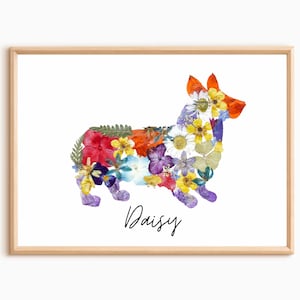 Stampa personalizzata con ritratto di cane Corgi floreale minimalista, decorazione da parete per animali domestici, regalo per gli amanti dei cani