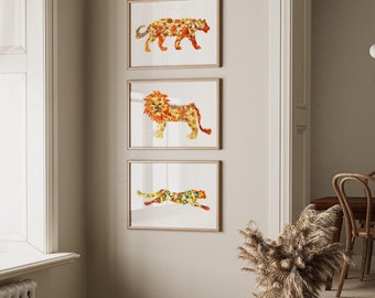Conjunto de 3 estampas de animais de safári, leão, onça, leopardo, arte de parede - decoração de vida selvagem para berçário ou casa