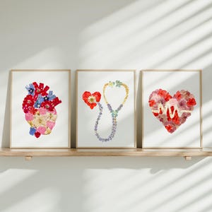 Conjunto de 3 impresiones de arte de pared de cardiólogo con estetoscopio de corazón, dibujo de línea de ECG, decoración de consultorio médico, regalo de médico, póster de latidos del corazón, regalo de cardiología
