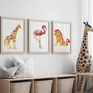 3 pieces Floral Safari Nursery Wall Prints Boho Nursery Prints Jungle Animals  Nursery Art Animal Nursery Decor Animal Prints