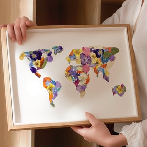 Fiori pressati mappa del mondo regalo per l'ottavo anniversario decorazione sopra il letto