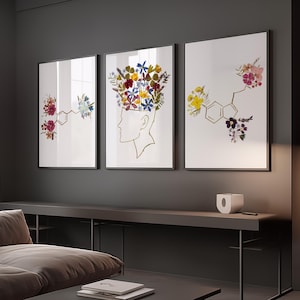 May include: A set of three framed wall art prints featuring white backgrounds. Each print displays a gold-coloured chemical structure outline adorned with colourful pressed flowers in shades of red, yellow, blue, and purple, including a human profile.