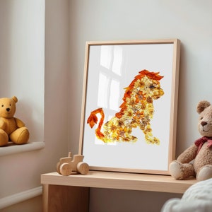 Stampa artistica di un leone con fiori pressati – Decorazione da parete con animali della giungla e safari, per la cameretta dei bambini o la cameretta del bambino