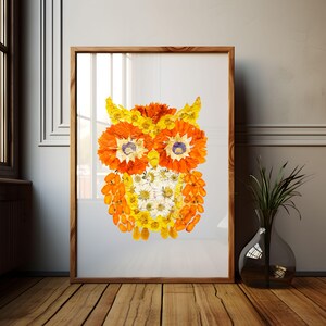 Stampa artistica di gufo floreale arancione, decorazione da parete con gufo botanico, illustrazione di animali del bosco, arte ispirata alla natura, regalo per gli amanti degli uccelli.