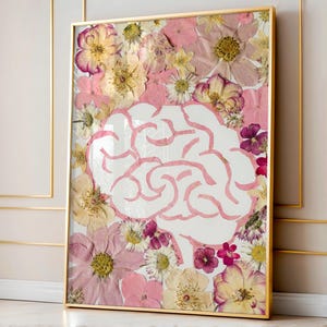 Könnte beinhalten: Ein rechteckiges gerahmtes Wandbild mit einer zentralen weißen Gehirnsilhouette, die rosa umrandet ist. Der umlaufende Rand besteht aus verschiedenen gepressten Trockenblumen in Rosa-, Creme-, Gelb- und Weißtönen auf weißem Grund.