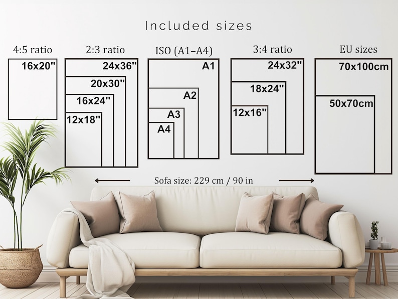 a living room with a white sofa and a potted plant. The sofa is described in terms of its size, including the 4.5-ratio, 2.3-ratio, ISO-A1-A4, 3-4-ratio, and EU sizes. The sofa is also described as having a size of 2.29 cm / 90 inches.