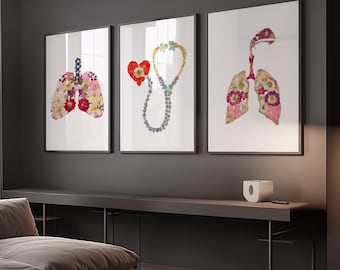 Juego de 3 láminas con estampado floral de pulmones, arte mural de anatomía, póster del sistema respiratorio, arte de estetoscopio, decoración médica, regalo para médicos y enfermeras.