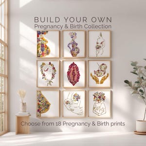 Könnte beinhalten: Eine Sammlung von neun gerahmten Kunstdrucken mit dem Titel BUILD YOUR OWN Pregnancy & Birth Collection. Die Drucke zeigen Strichzeichnungen von Schwangerschaft, Geburt und Stillen, verziert mit bunten gepressten Blumen und botanischen Elementen.