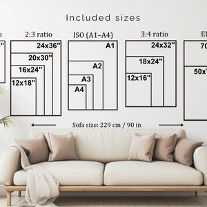 a living room with a white sofa and a potted plant. The sofa is described in terms of its size, including the 4.5-ratio, 2.3-ratio, ISO-A1-A4, 3-4-ratio, and EU sizes. The sofa is also described as having a size of 2.29 cm / 90 inches.