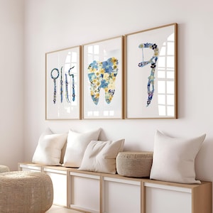 Stampa artistica con motivo floreale blu a forma di dente, decorazione per studio dentistico, per dentista, ortodontista, igienista, studente di odontoiatria, poster per laurea in odontoiatria
