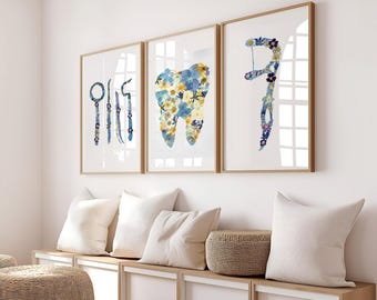Set of 3 Blue Floral Tooth Art Print Dental Office Decor for Dentist Orthodontist Hygienist Dental Student Gift Dental Graduation Poster