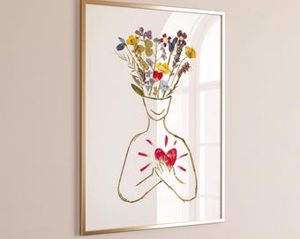 Mental Health Art Print Therapist Office Decor Counseling Room Poster Human with Flowers Growing from Head Wall Art