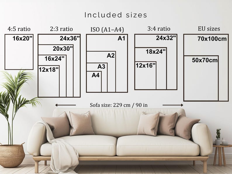 a living room with a white sofa and a potted plant. The sofa is described in terms of its size, including the 4.5-ratio, 2.3-ratio, ISO-A1-A4, 3-4-ratio, and EU sizes. The sofa is also described as having a size of 2.29 cm / 90 inches.