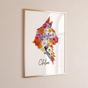 Stampa artistica con fiori pressati e nome di gatto personalizzato, regalo commemorativo per animali domestici, decorazione da parete botanica