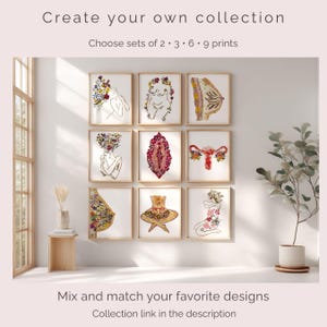 K&ouml;nnte beinhalten: Eine Sammlung von neun gerahmten Kunstdrucken mit botanischen Illustrationen menschlicher Anatomie und Figuren. Der Text lautet: Create your own collection, Choose sets of 2, 3, 6, 9 prints, Mix and match your favorite designs, Collection link in the description.