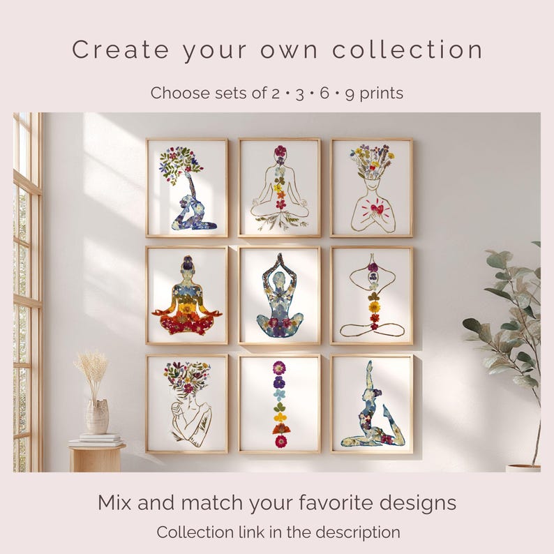 May include: A gallery wall display of nine square framed prints featuring yoga poses and chakra symbols created with pressed flowers. The text reads: Create your own collection, Choose sets of 2, 3, 6, 9 prints, Mix and match your favorite designs.