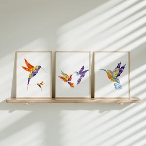 Set of 3 hummingbirds wall art prints Hummingbird gifts for her Floral tropical home decor For birds lover