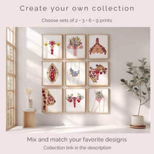 K&ouml;nnte beinhalten: Eine Galeriewand mit neun quadratischen Kunstdrucken, die florale anatomische Illustrationen und K&ouml;rpersilhouetten zeigen. Der Text oben lautet Create your own collection, Choose sets of 2, 3, 6, 9 prints, und unten Mix and match your favorite designs.