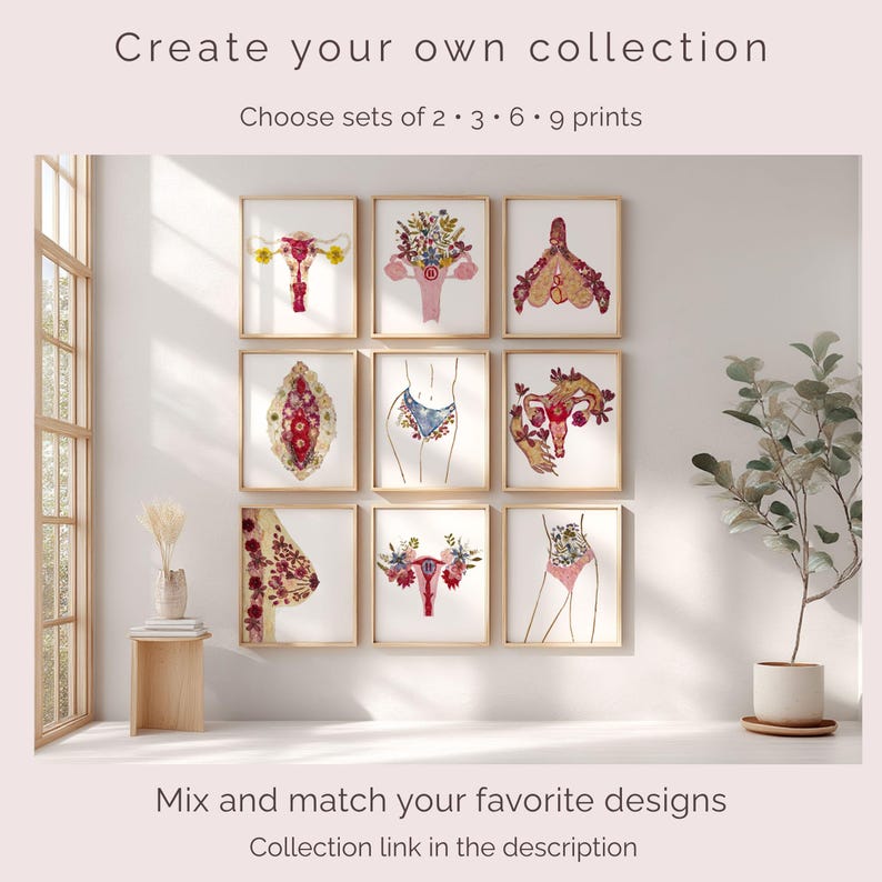 K&ouml;nnte beinhalten: Eine Galeriewand mit neun quadratischen Kunstdrucken, die florale anatomische Illustrationen und K&ouml;rpersilhouetten zeigen. Der Text oben lautet Create your own collection, Choose sets of 2, 3, 6, 9 prints, und unten Mix and match your favorite designs.