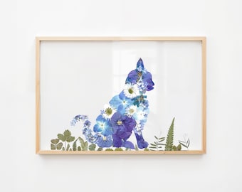 Pressed Flower Cat Wall Art – Forget Me Not Botanical Print, Handmade Floral Decor for Cat Lovers, Unique Nature Gift