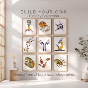 Puede incluir: Una colección de nueve láminas enmarcadas con estructuras biológicas creadas a partir de flores y hojas prensadas. El texto dice BUILD YOUR OWN Biology Collection y Choose from 18 botanical biology prints. Cada lámina muestra un tema científico único.