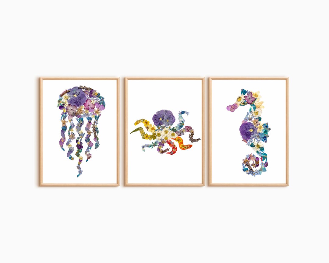 Digital Set of 3 Nautical Wall Art Prints Blue Pressed Flower Nursery ...
