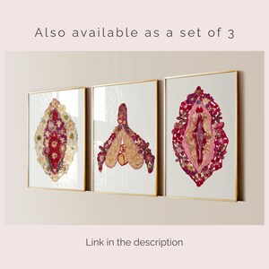 K&ouml;nnte beinhalten: Drei gerahmte Wandbilder mit gepressten Blumenarrangements in organischen, bl&uuml;tenblattartigen Formen. Die Blumenkompositionen zeigen T&ouml;ne in Pink, Rot, Wei&szlig; und Gelb. Jeder Druck ist in einem d&uuml;nnen Goldrahmen gefasst. Text: Also available as a set of 3. Link in the description.