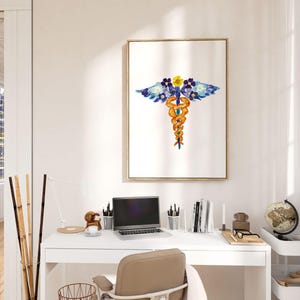 Caduceo, simbolo medico floreale, decorazione da parete, regalo botanico per medico, infermiere, decorazione per ufficio, stampa di laurea per studenti di medicina