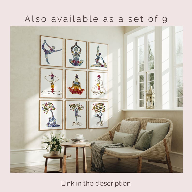 May include: A set of nine framed wall art prints featuring yoga poses filled with colorful pressed flower patterns. The prints are arranged in a three-by-three grid on a wall. The text "Also available as a set of 9" and "Link in the description" is visible.