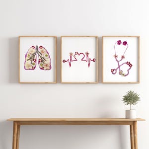 Decorazione murale floreale con fiori pressati, stampa di polmoni, battito cardiaco, arte medica, stetoscopio, regalo per medico di base