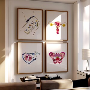 Pregnancy and Birth Anatomy Print Set Midwife Gift Uterus, Pelvis, Baby Feet Stethoscope Wall Art