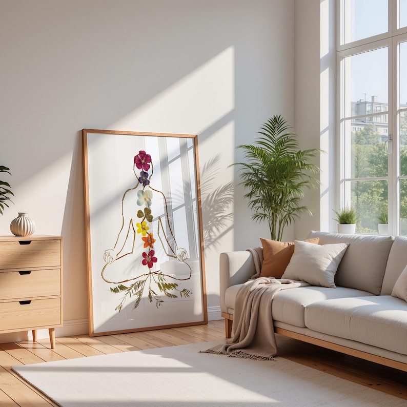 May include: A framed art print featuring a seated figure with a floral chakra design. The artwork is in a light wood frame and leans against a white wall in a living room setting. The color palette includes white, beige, and various floral colors.