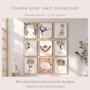 May include: A gallery wall display featuring nine framed art prints with botanical and yoga-themed illustrations. The prints include line drawings of human figures, a brain, and hands filled with colorful floral patterns and foliage designs.