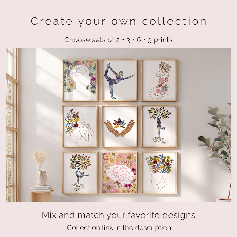 May include: A gallery wall display featuring nine framed art prints with botanical and yoga-themed illustrations. The prints include line drawings of human figures, a brain, and hands filled with colorful floral patterns and foliage designs.