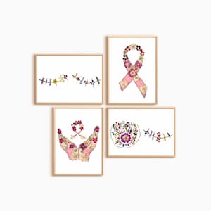 Set of 4 Floral Mastectomy Wall Art – Symbolic Pink Ribbon & Breast Healing Print Set | Gift for Oncologist Office or Patient