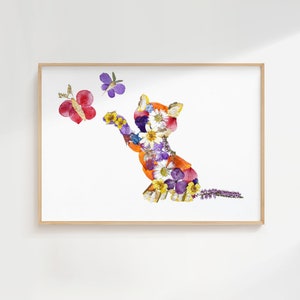 Impresión artística de gatito floral colorido, decoración de pared de gato y mariposas, arte botánico para guardería, impresión para habitación de bebé o regalo para amantes de los gatos, póster de gato brillante