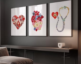 Lot de 3 oeuvres d'art mural cardiologie, empreintes cardiaques stéthoscope ECG, cadeau médecin