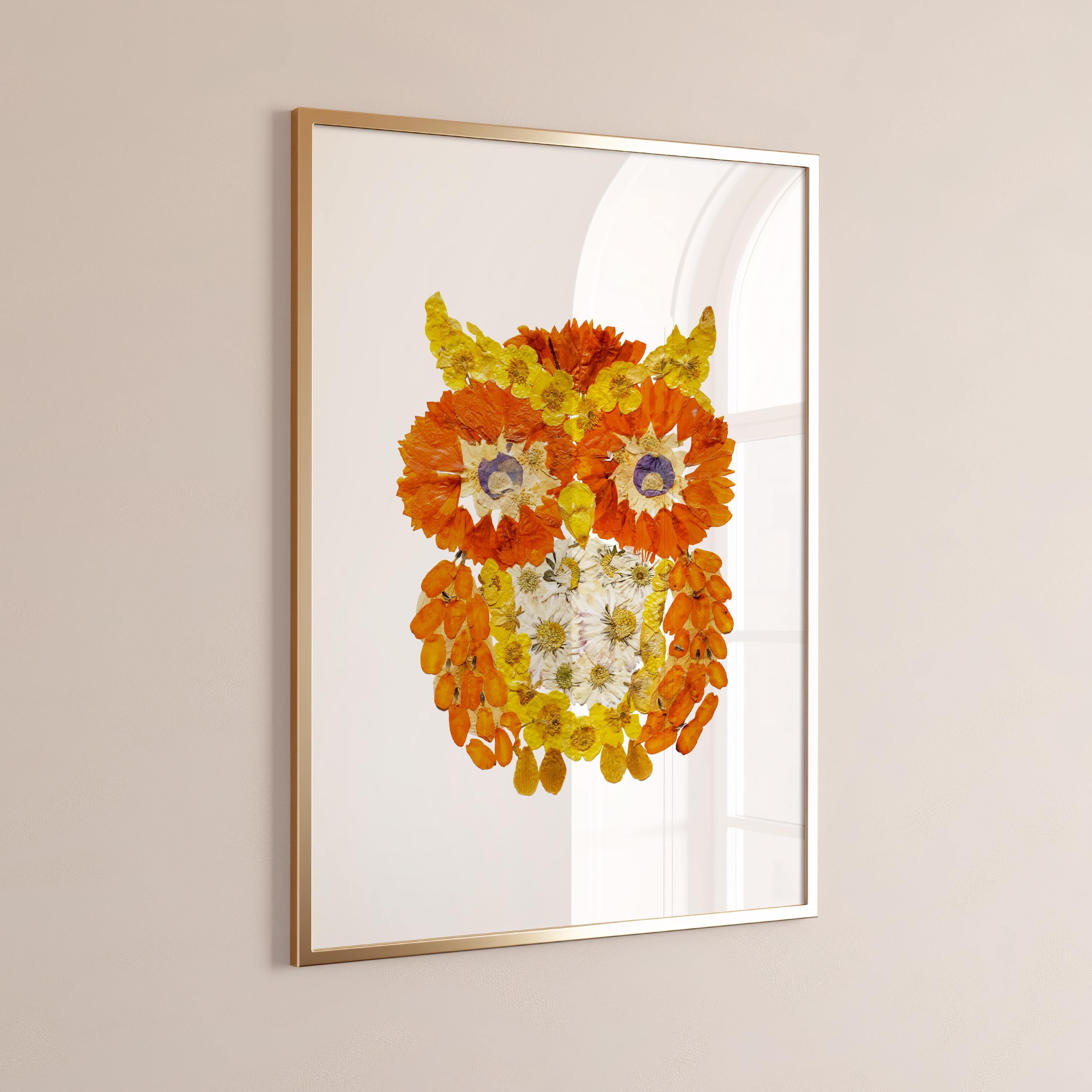 Orange Floral Owl Art Print Botanical Owl Wall Decor Woodland Animal Illustration Nature-Inspired Ro