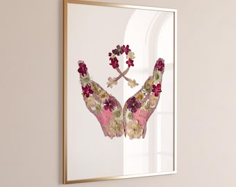 Art mural en ruban rose avec main - Impression florale de sensibilisation au cancer du sein, décoration de soutien pour l'oncologie