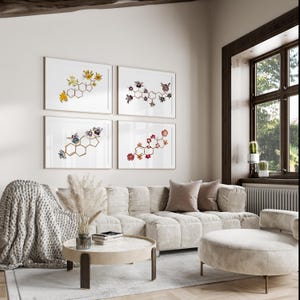 May include: Four framed botanical art prints. Each print features a floral arrangement within a geometric molecular structure. The color palette includes yellow, purple, red, and brown flowers. The prints are displayed above a beige sofa in a living room setting.