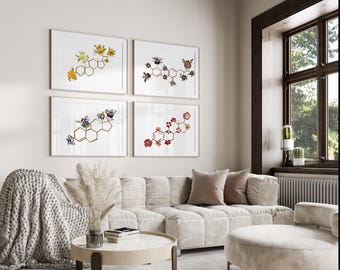 Juego de 4 láminas decorativas de endocrinología para pared: Moléculas para el equilibrio hormonal: Tiroxina, Cortisol, Estrógeno, Testosterona.