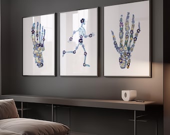 Juego de 3 impresiones de arte mural de radiólogo: esqueleto de rayos X, mano, pie, anatomía de carrera