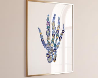 Floral Skeleton Hand X-Ray Art Print, Gothic Botanical Anatomy Wall Art for Tattoo Artists