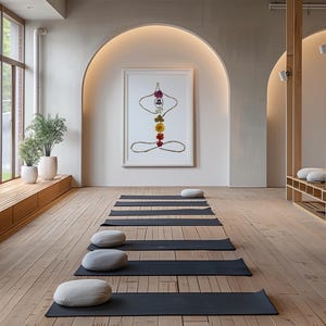 May include: A framed wall art piece featuring a stylized figure in a seated yoga pose, constructed from colorful pressed flowers arranged vertically. The artwork is displayed in a bright studio with wooden floors, yoga mats, and white cushions.
